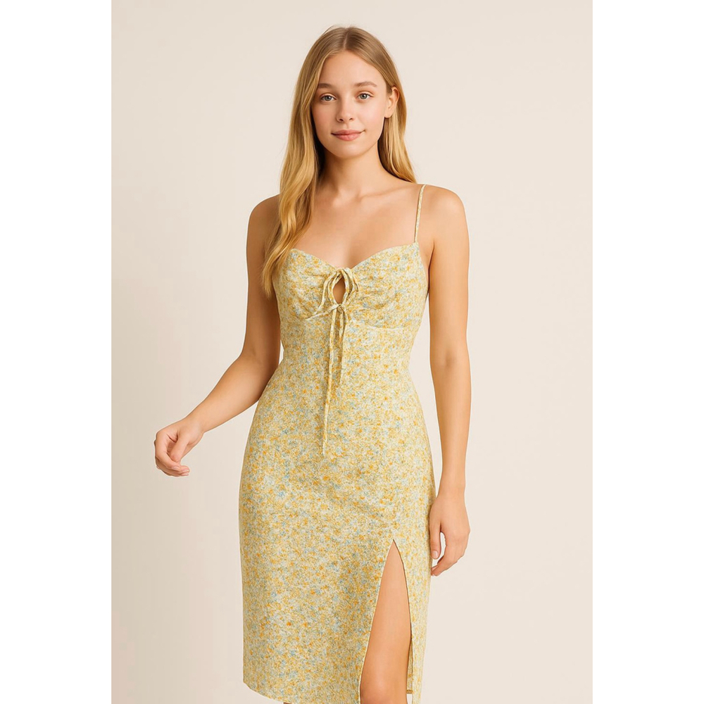Womens SHEIN Plus Floral Midi Slip Dress 2X Yellow Blue Cottagecore Romantic Y2K